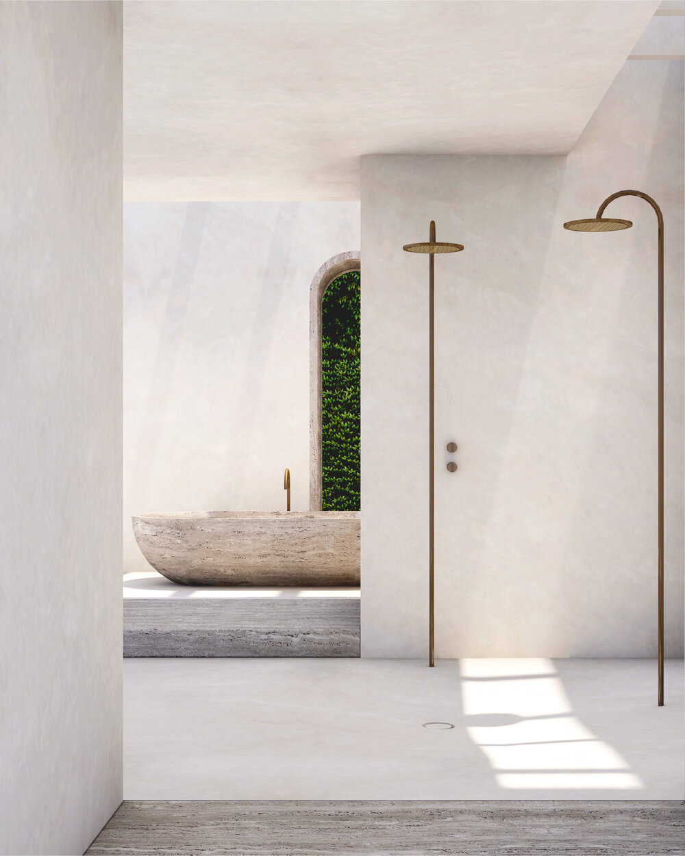 A dream home with gentle curves of lime plaster and travertine