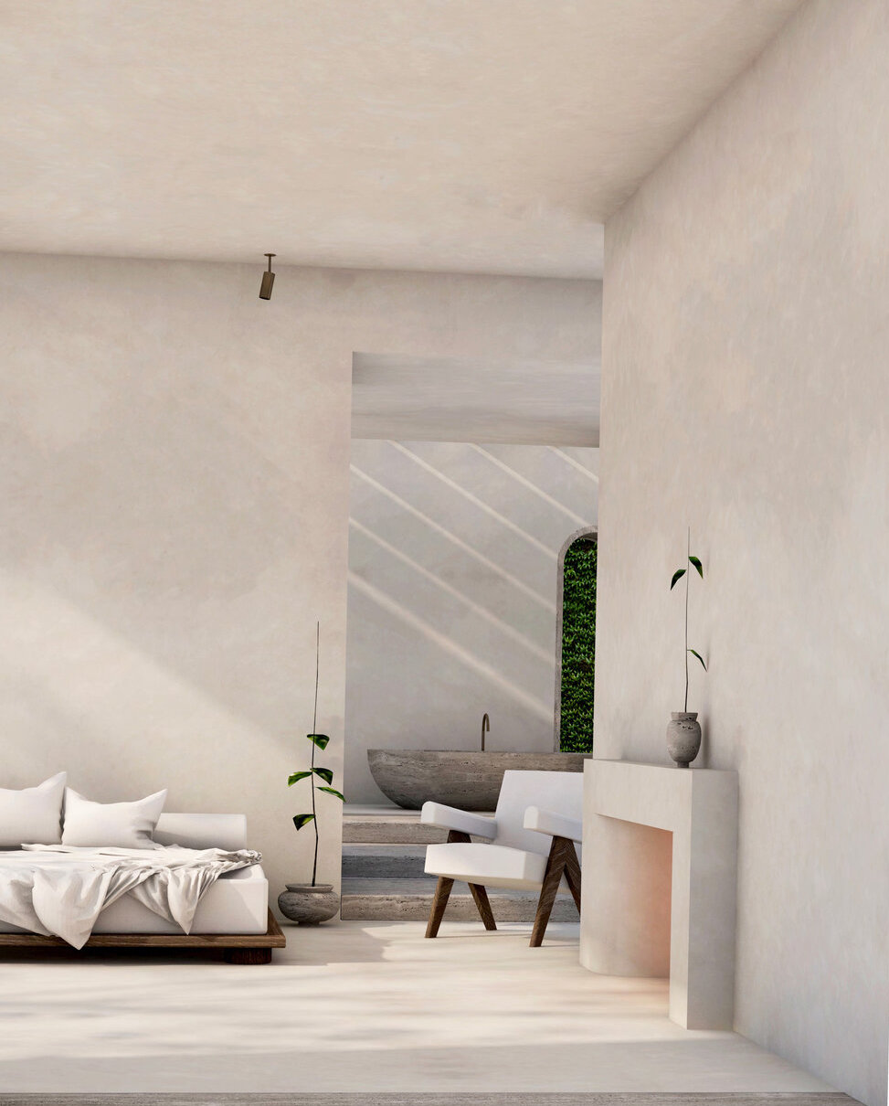 A dream home with gentle curves of lime plaster and travertine