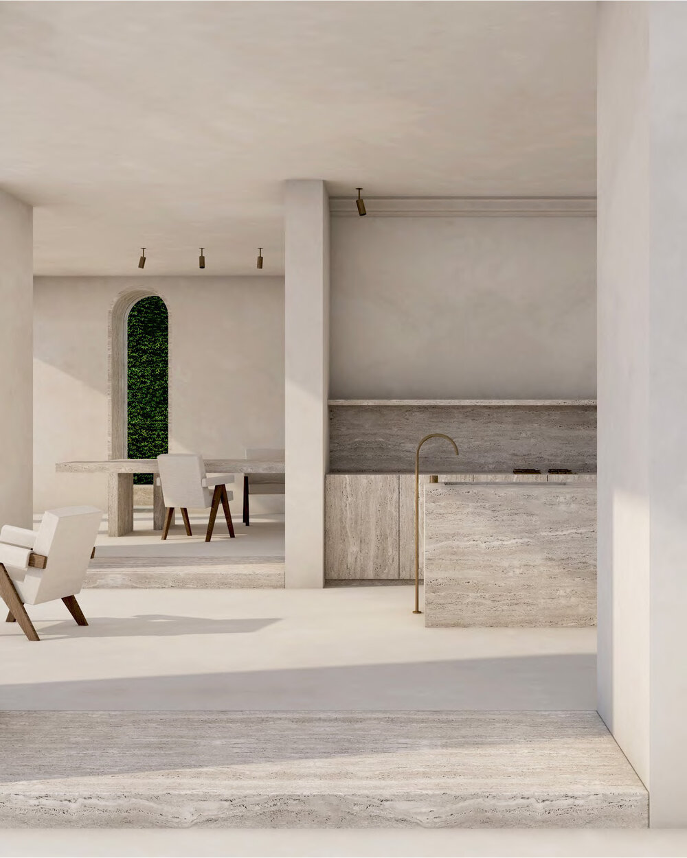 A dream home with gentle curves of lime plaster and travertine