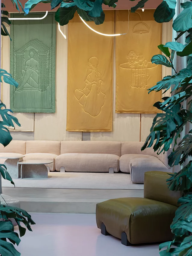 Simposio sofa by SABA inside the Garden House by ALYSI during Milan Design Week – a space where design and fashion meet