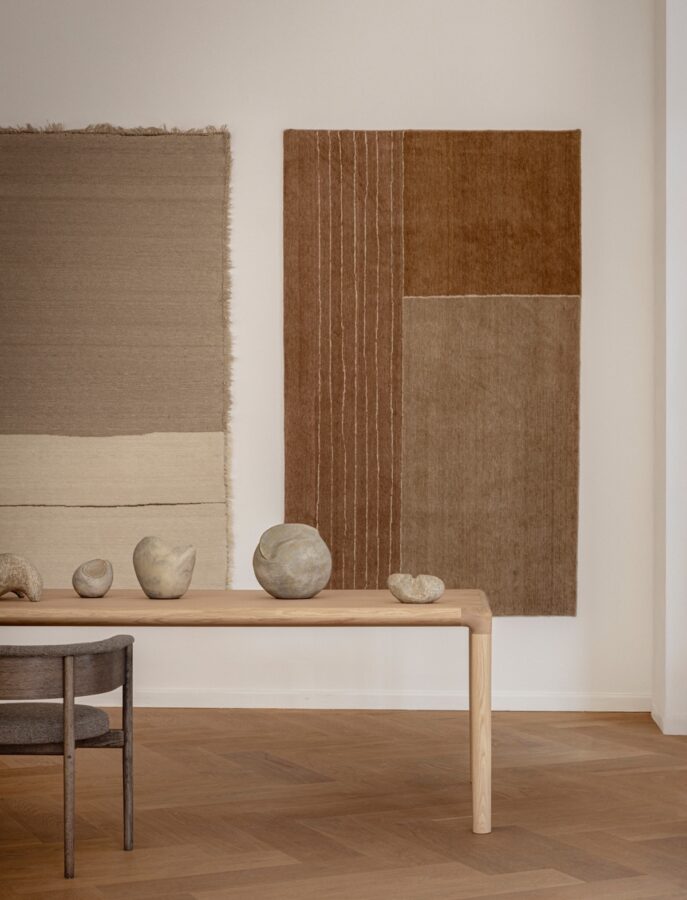Echoes of Texture exhibition by Linie Design and Karimoku Case at 3 Days of Design 2025, featuring handwoven rugs from the Woven Matter collection displayed on wooden frames inspired by Japanese Shinto gateways, with contributions from Norm Architects, Urd Moll Gundermann, Foster + Partners, and Keiji Ashizawa Design